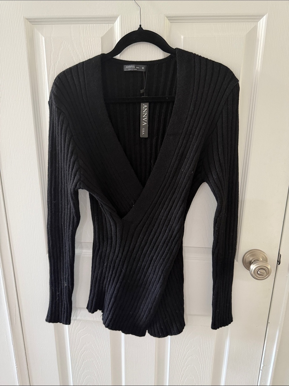 ANNVA Black Ribbed Wrap V-Neck Women's Cardigan NWT SIe M